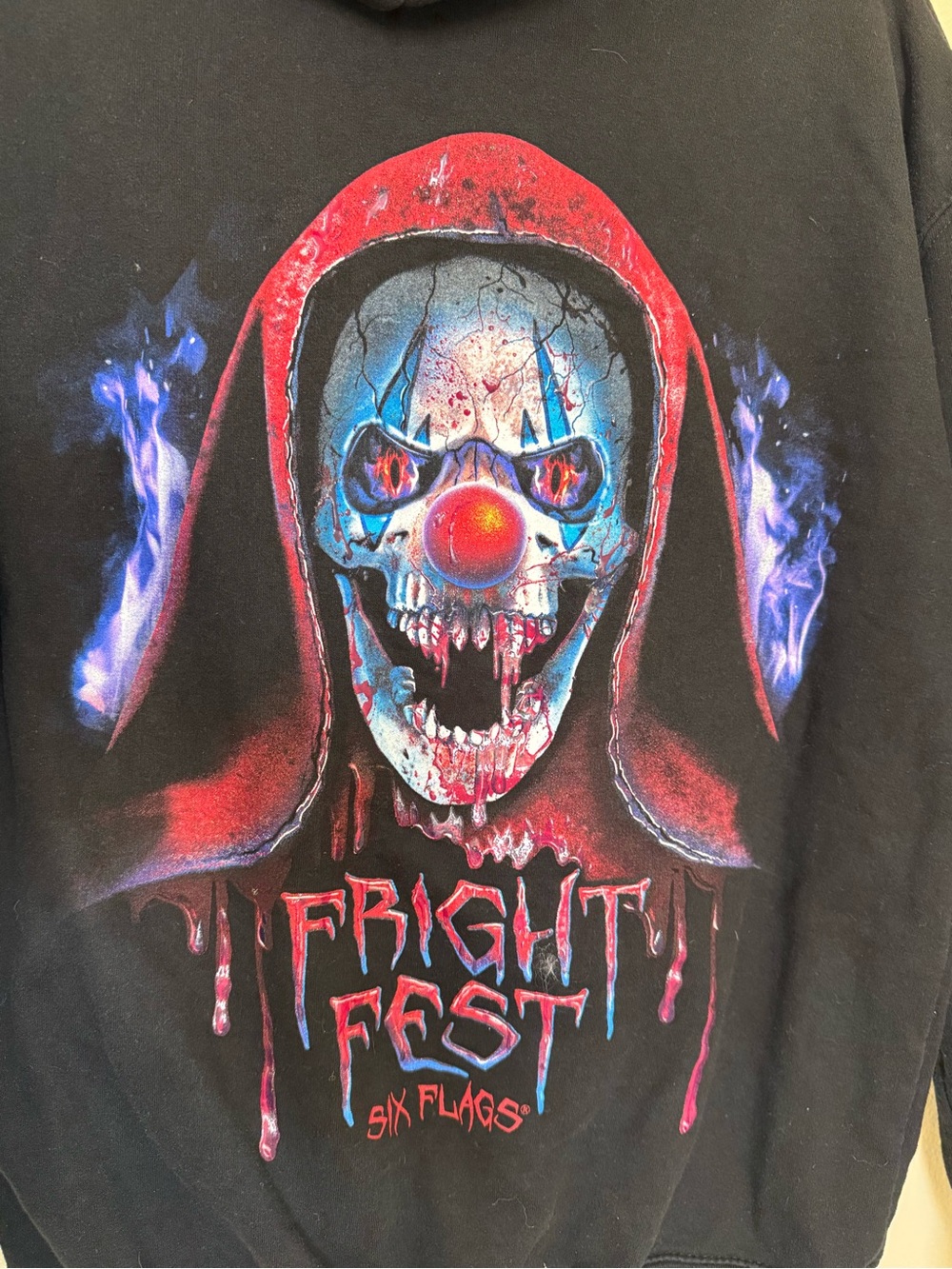 Six Flags Fright Fest Horror Clown Graphic Hoodie Black M Halloween - Picture 8 of 11